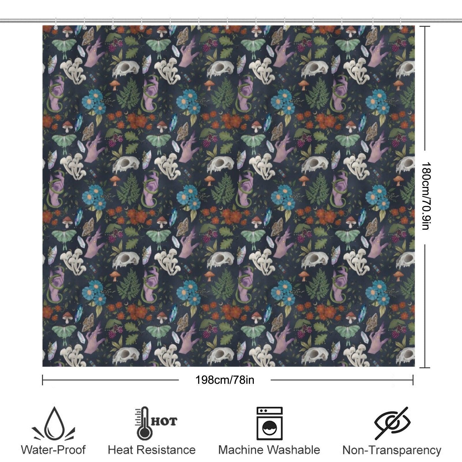 Dark Botanical Mushroom Shower Curtain, Witchy Moth Skull Cottagecore Decor