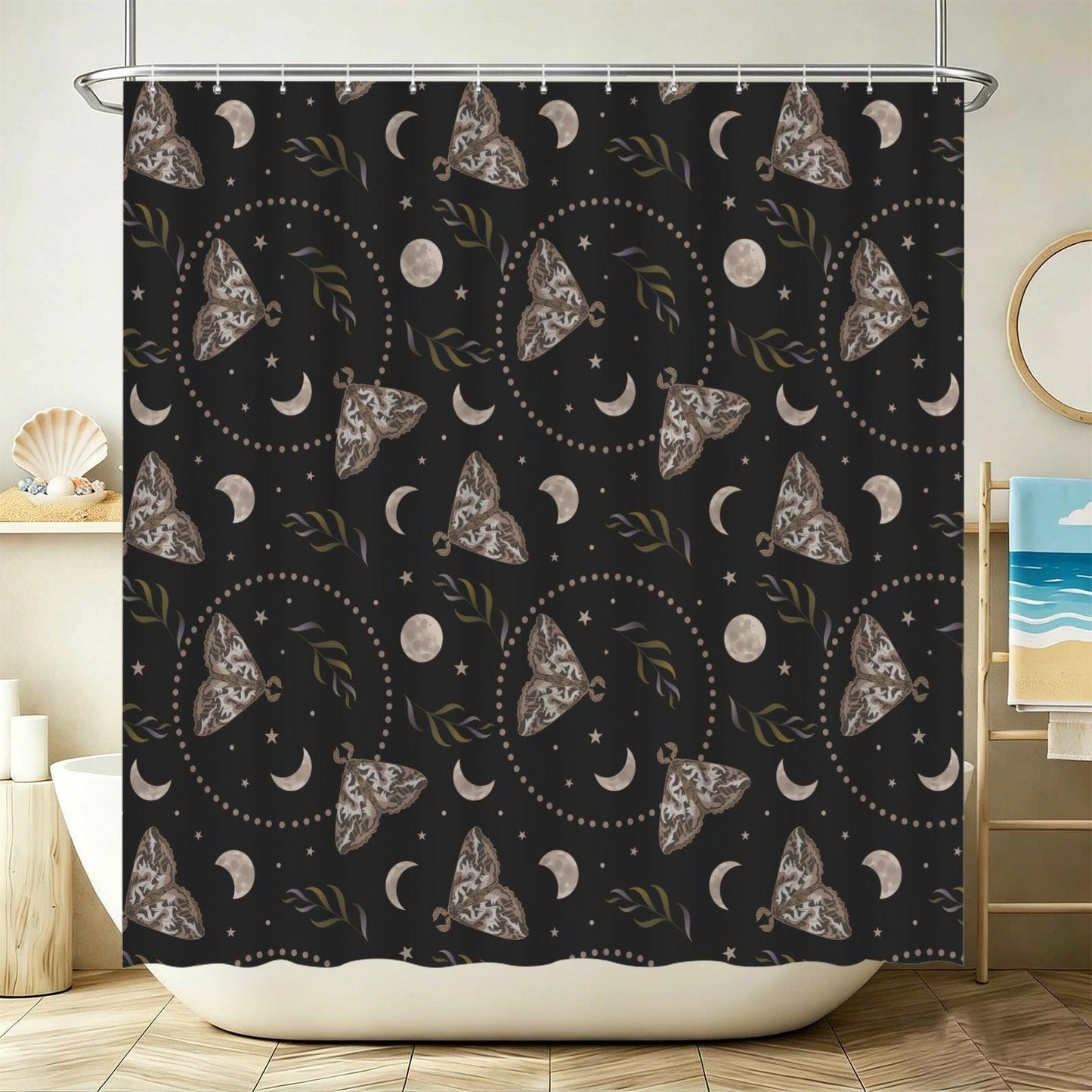 Moth Moon Phase Shower Curtain, Celestial Stars Witchy Bathroom Decor