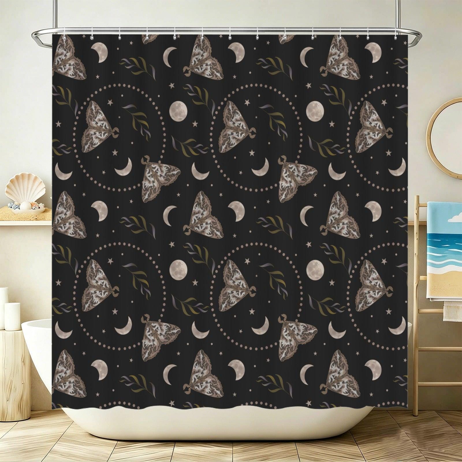 Moth Moon Phase Shower Curtain, Celestial Stars Witchy Bathroom Decor
