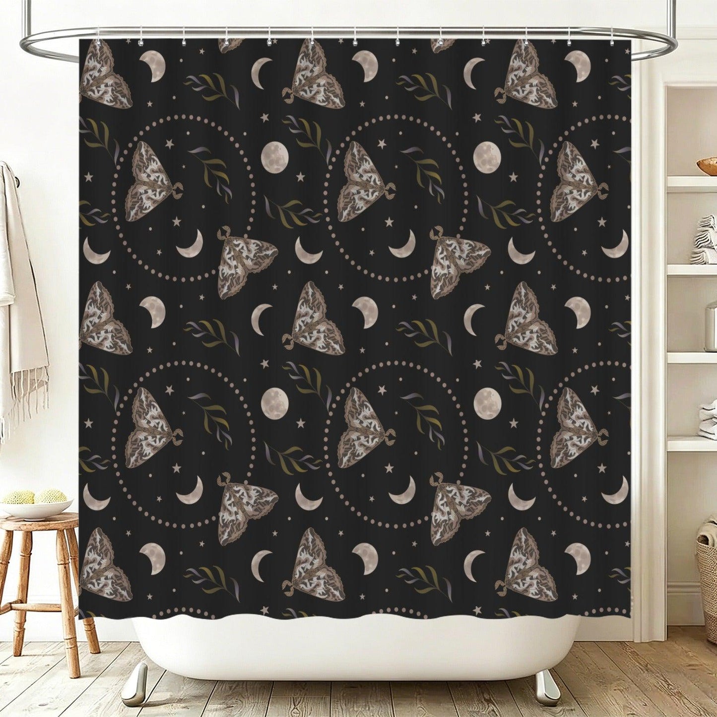 Moth Moon Phase Shower Curtain, Celestial Stars Witchy Bathroom Decor
