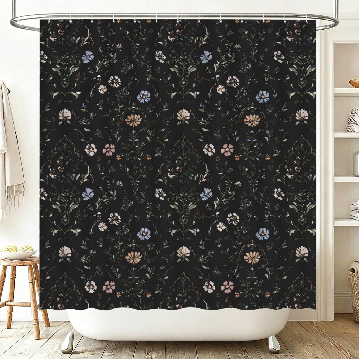Dark Floral Shower Curtain, Moody Botanical Vintage Garden Bath Decor