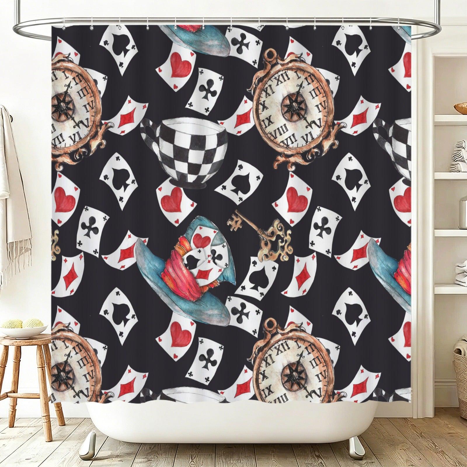 Wonderland Shower Curtain, Playing Cards, Clocks, Mad Tea Party Bathroom Decor