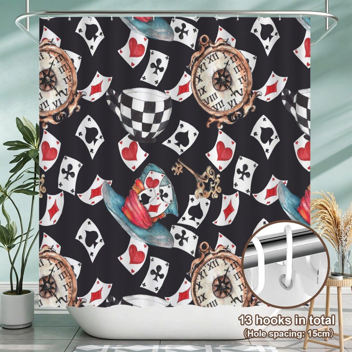 Wonderland Shower Curtain, Playing Cards, Clocks, Mad Tea Party Bathroom Decor