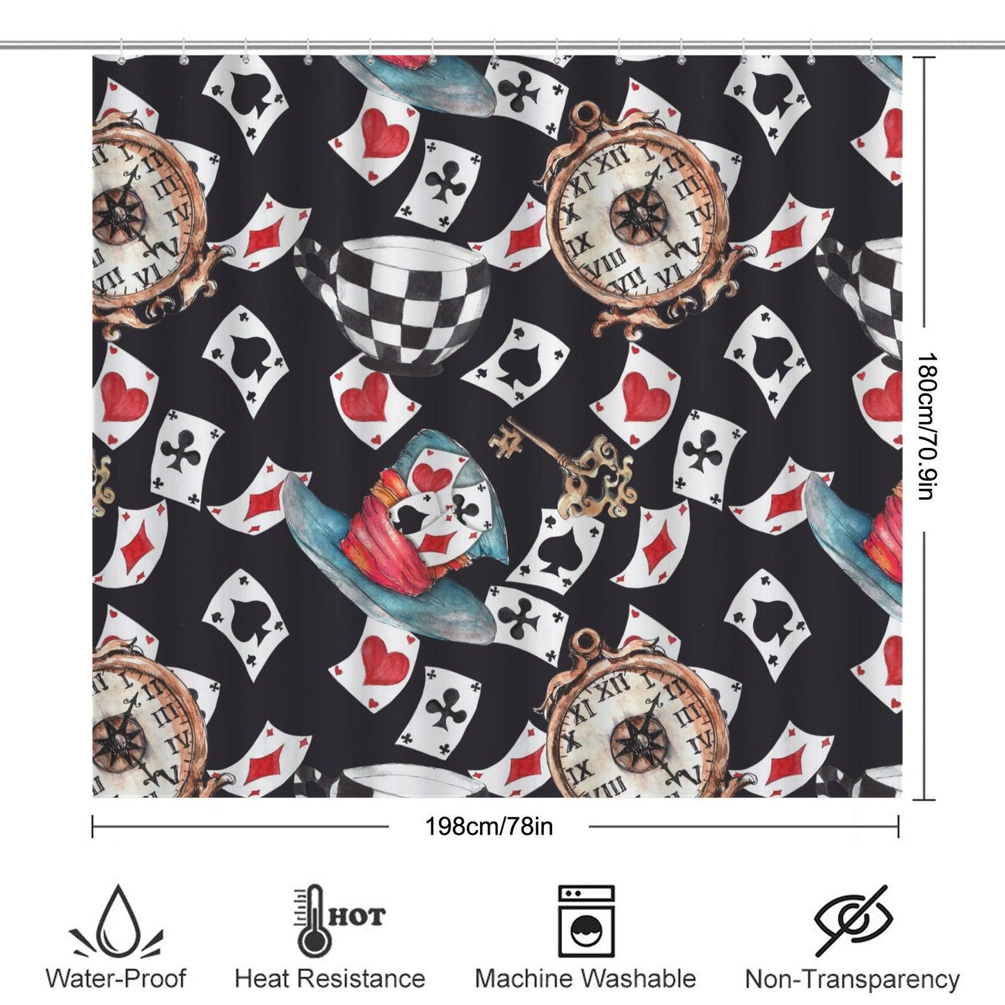 Wonderland Shower Curtain, Playing Cards, Clocks, Mad Tea Party Bathroom Decor