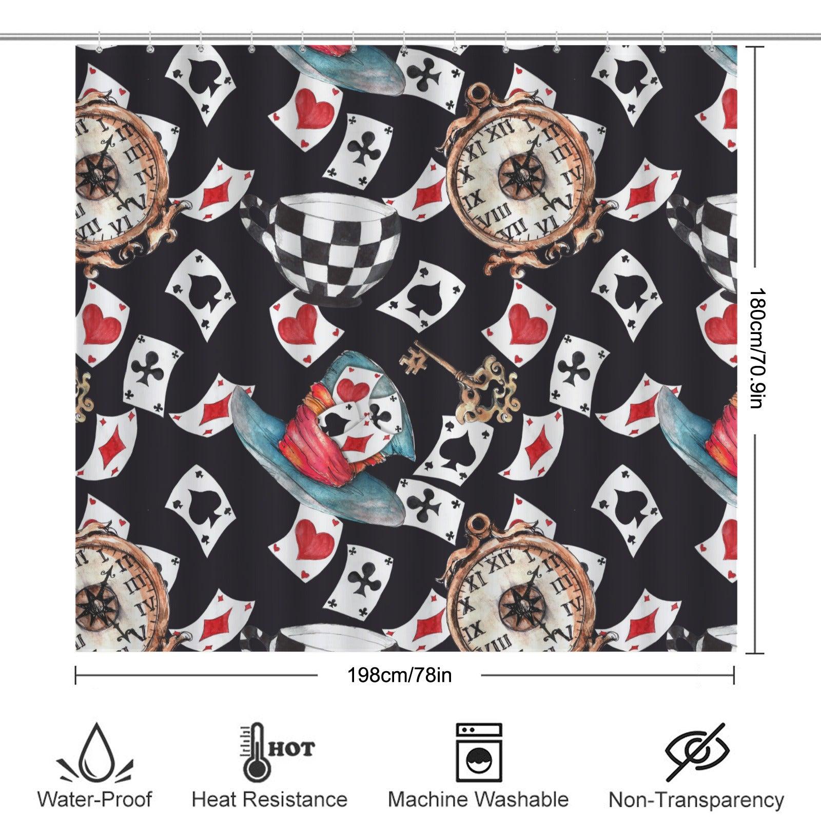 Wonderland Shower Curtain, Playing Cards, Clocks, Mad Tea Party Bathroom Decor