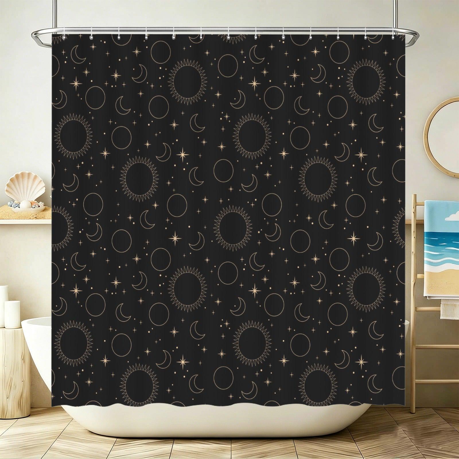 Hand Drawn Celestial Shower Curtain, Black Gold Sun Moon Stars, Modern Bathroom Decor