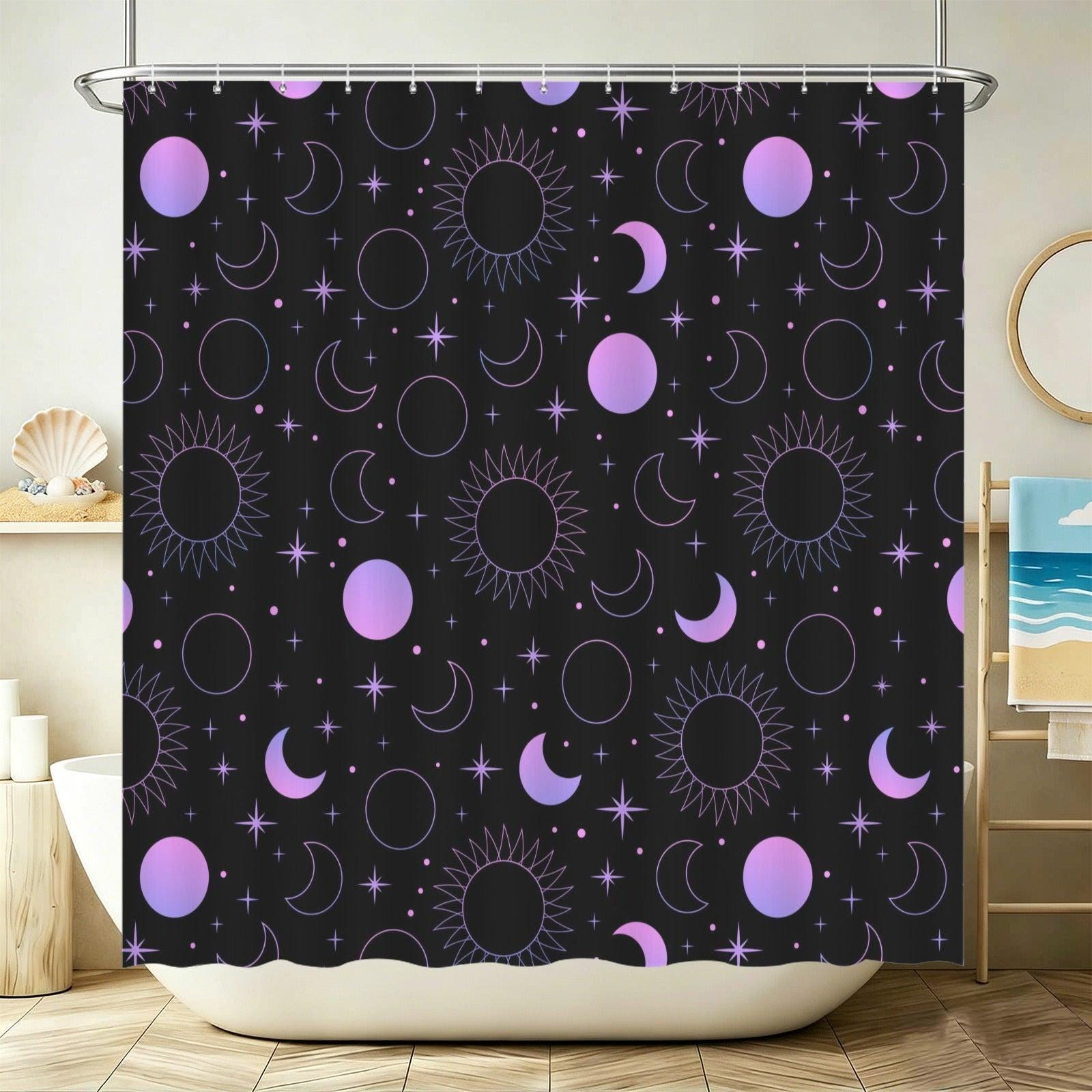 Celestial Sun Moon Shower Curtain, Black Purple Stars Gothic Bathroom Decor