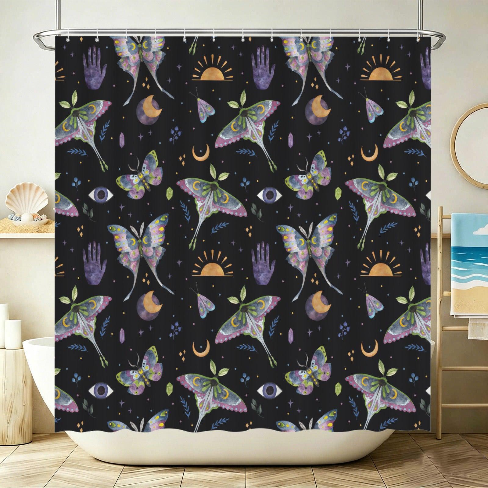 Mystical Moth Butterfly Shower Curtain, Celestial Moon Sun Crystal Bathroom Decor
