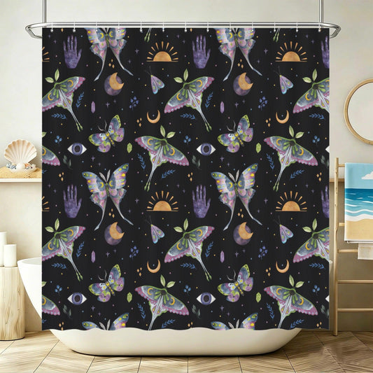 Mystical Moth Butterfly Shower Curtain, Celestial Moon Sun Crystal Bathroom Decor