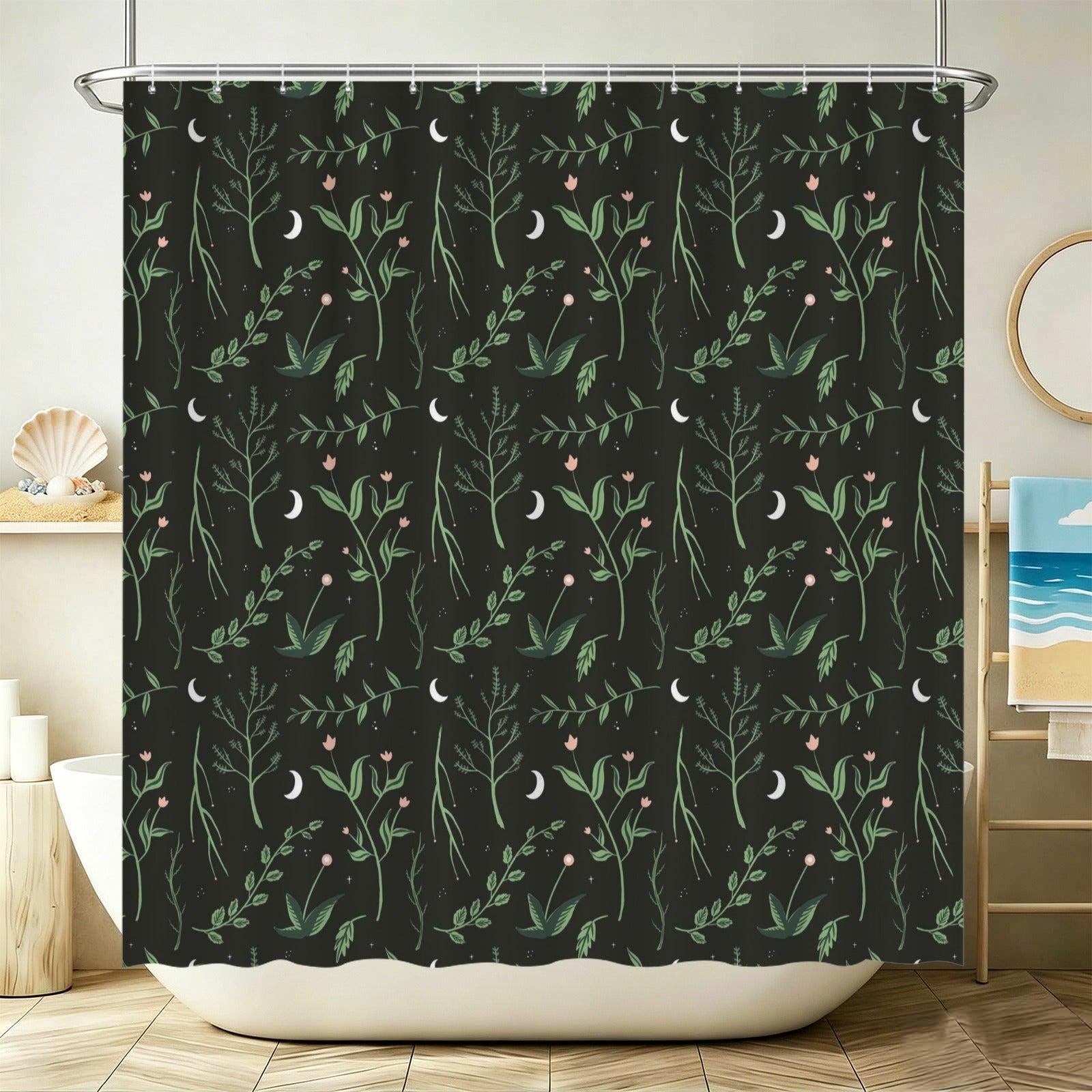 Crescent Moon Botanical Shower Curtain, Dark Floral Bathroom Decor, Cottagecore Guest Bath Accent