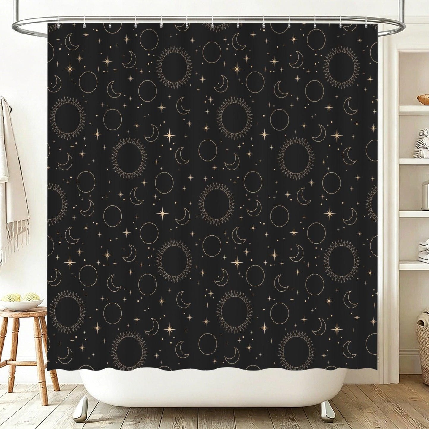 Hand Drawn Celestial Shower Curtain, Black Gold Sun Moon Stars, Modern Bathroom Decor