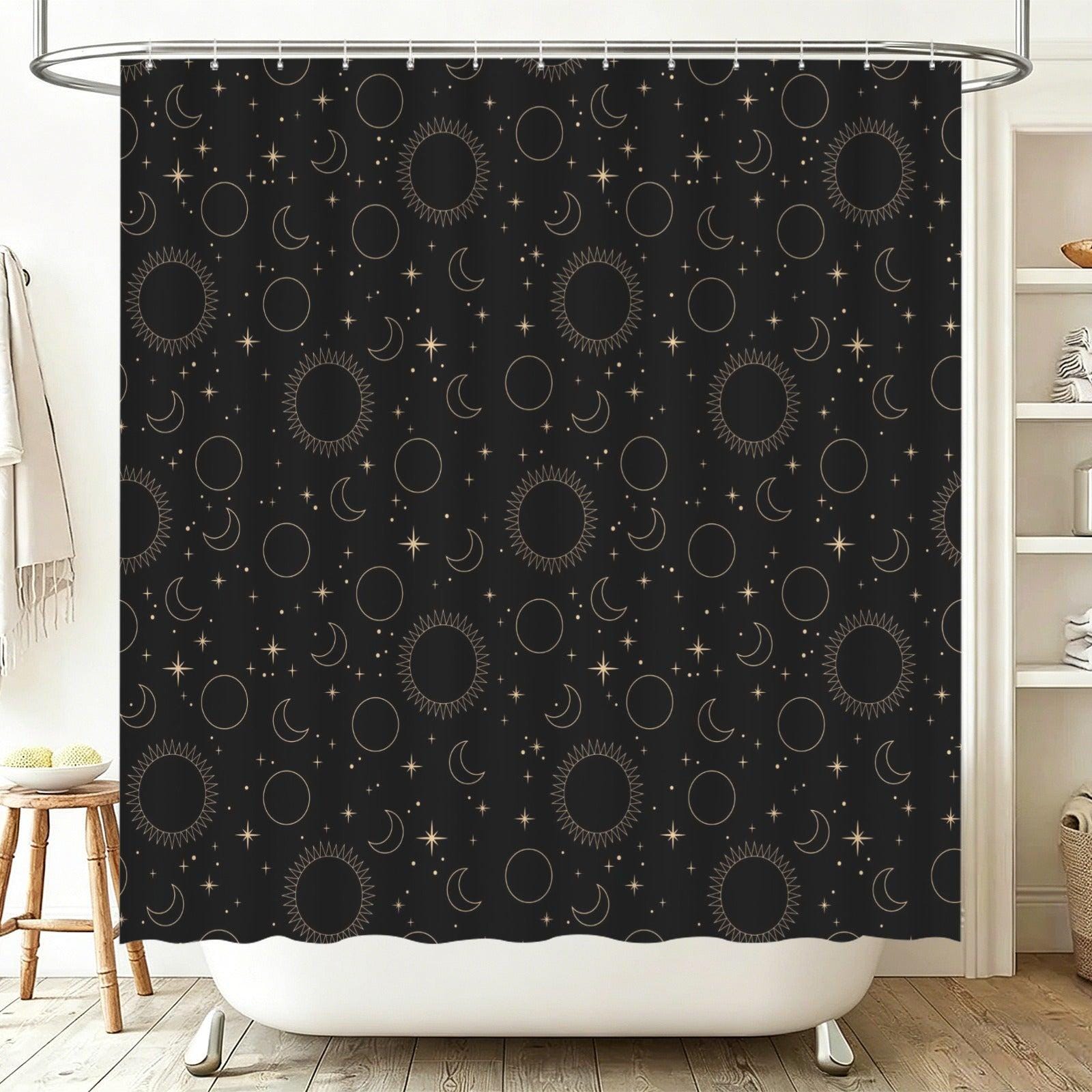 Hand Drawn Celestial Shower Curtain, Black Gold Sun Moon Stars, Modern Bathroom Decor