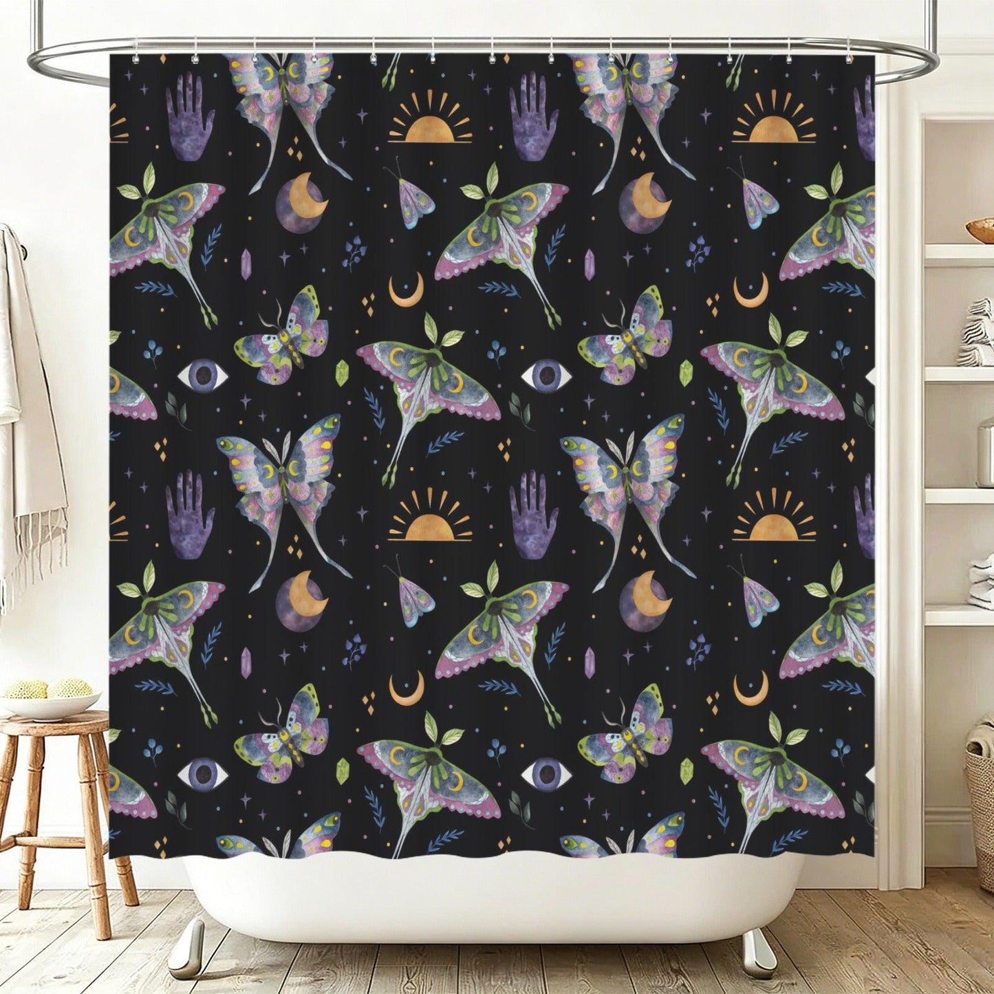 Mystical Moth Butterfly Shower Curtain, Celestial Moon Sun Crystal Bathroom Decor