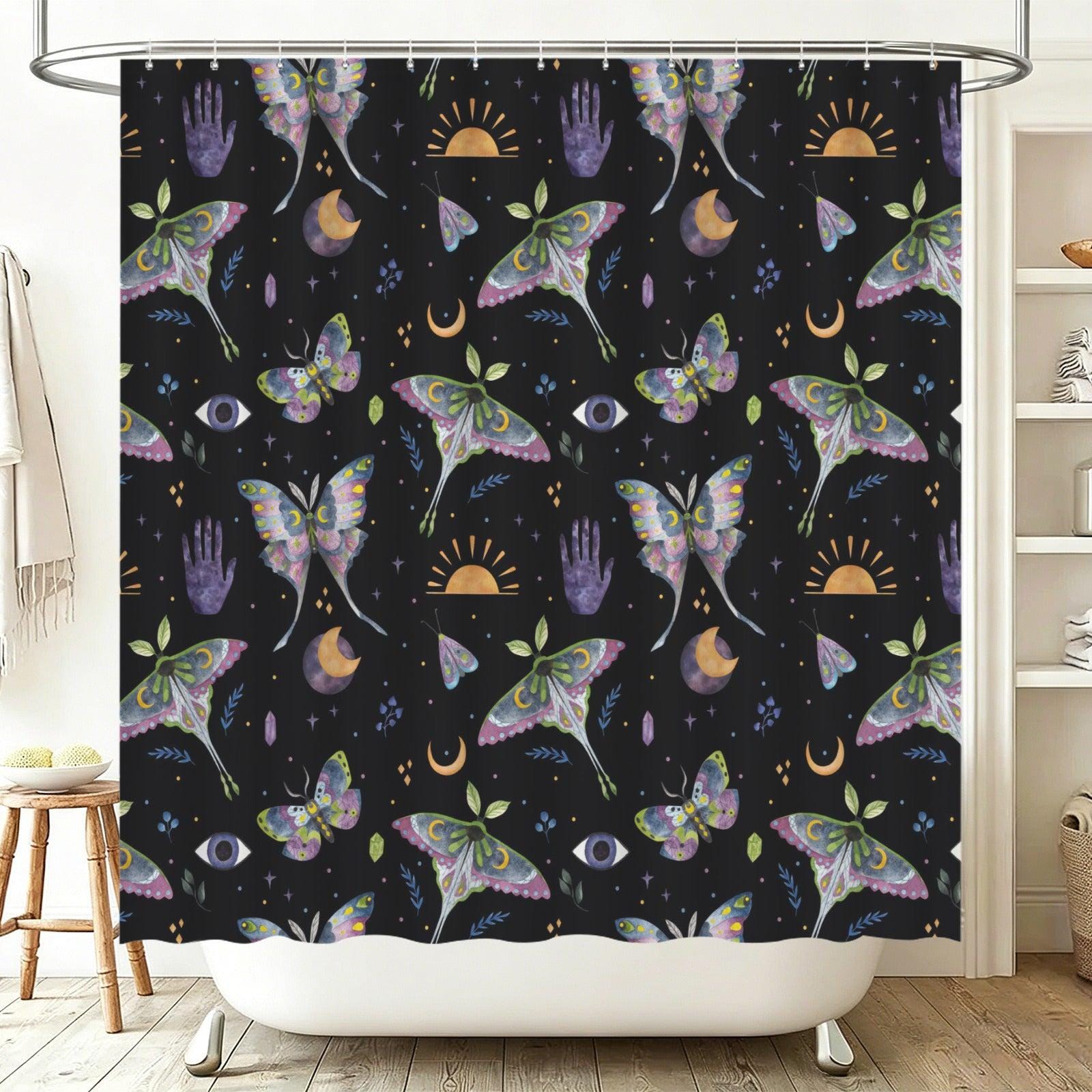Mystical Moth Butterfly Shower Curtain, Celestial Moon Sun Crystal Bathroom Decor