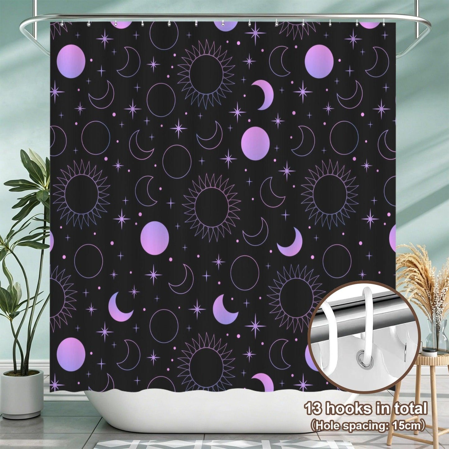 Celestial Sun Moon Shower Curtain, Black Purple Stars Gothic Bathroom Decor