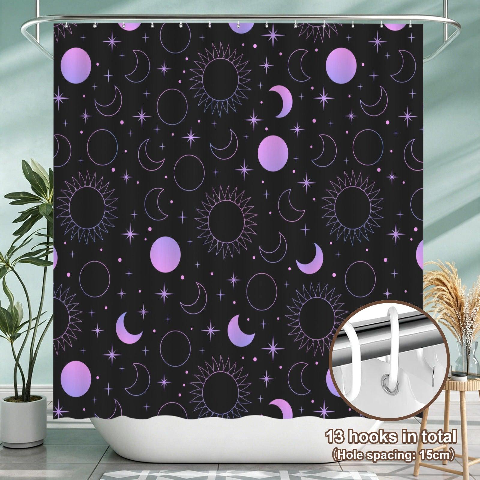 Celestial Sun Moon Shower Curtain, Black Purple Stars Gothic Bathroom Decor