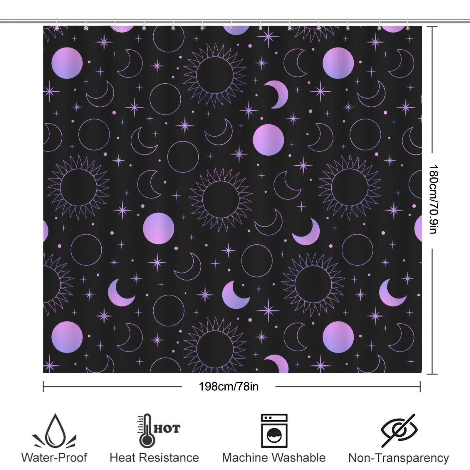 Celestial Sun Moon Shower Curtain, Black Purple Stars Gothic Bathroom Decor