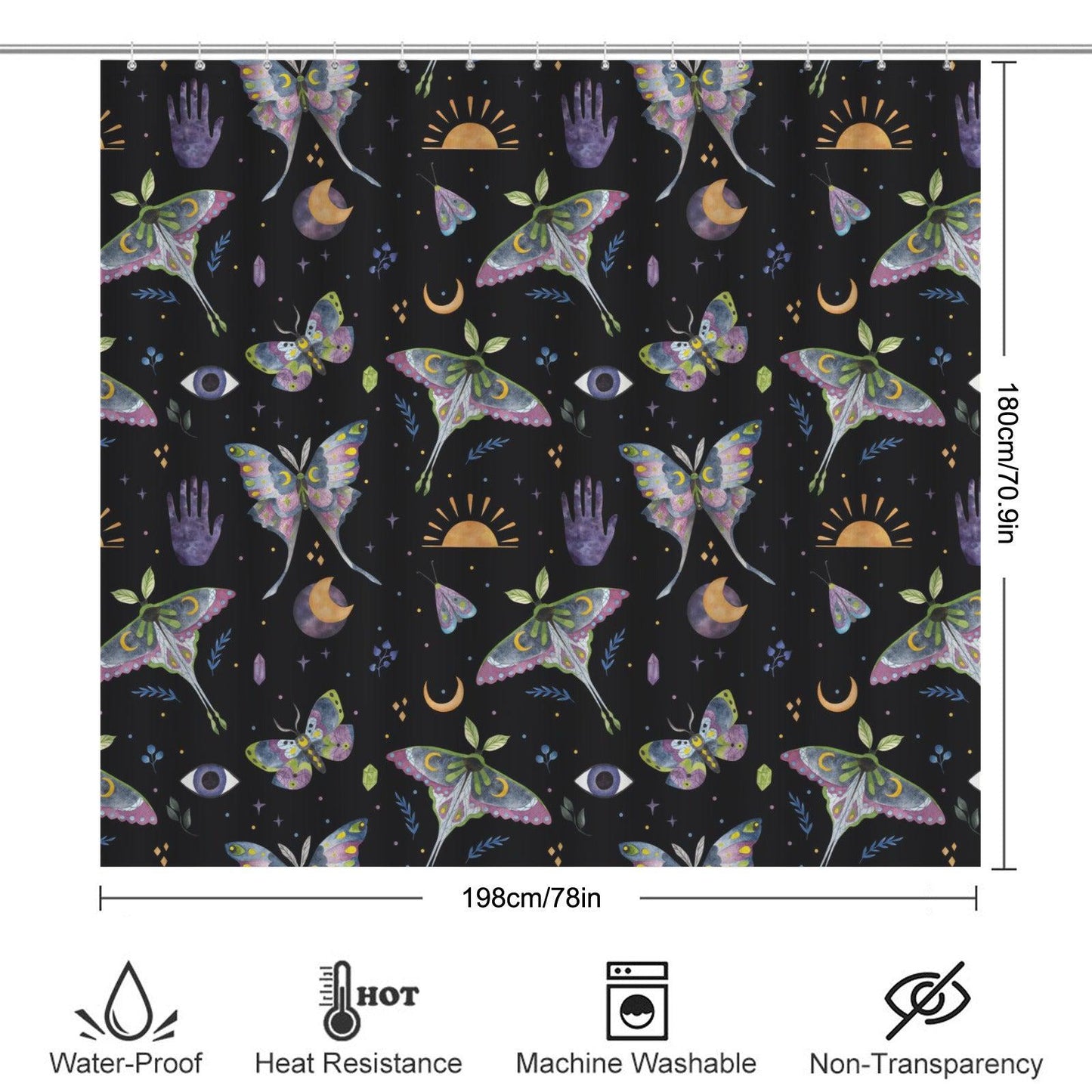 Mystical Moth Butterfly Shower Curtain, Celestial Moon Sun Crystal Bathroom Decor
