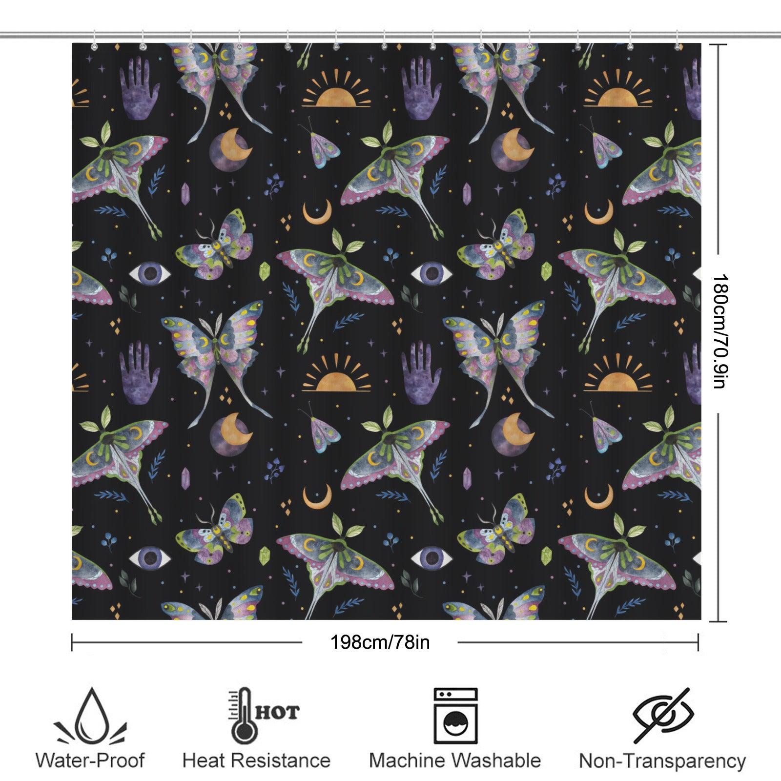 Mystical Moth Butterfly Shower Curtain, Celestial Moon Sun Crystal Bathroom Decor