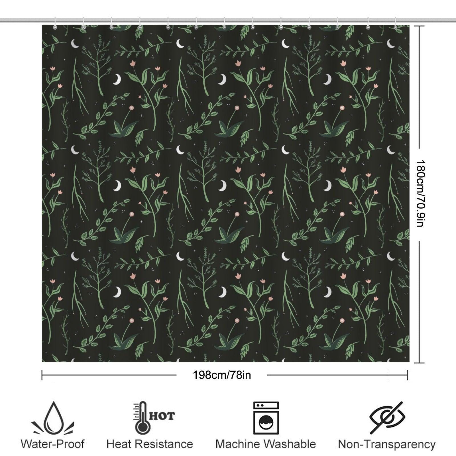 Crescent Moon Botanical Shower Curtain, Dark Floral Bathroom Decor, Cottagecore Guest Bath Accent
