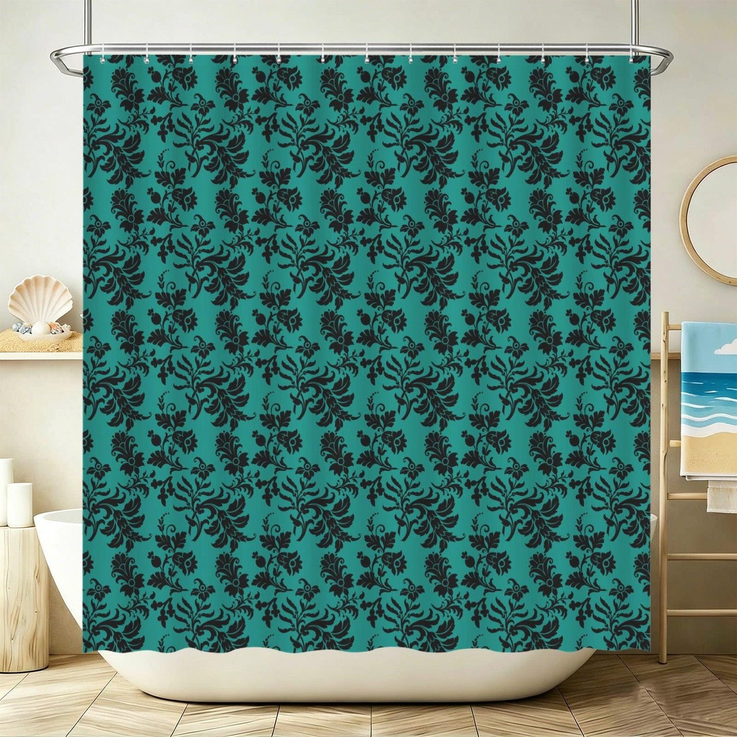 Teal Black Damask Shower Curtain, Victorian Jewel Tone Bathroom Decor
