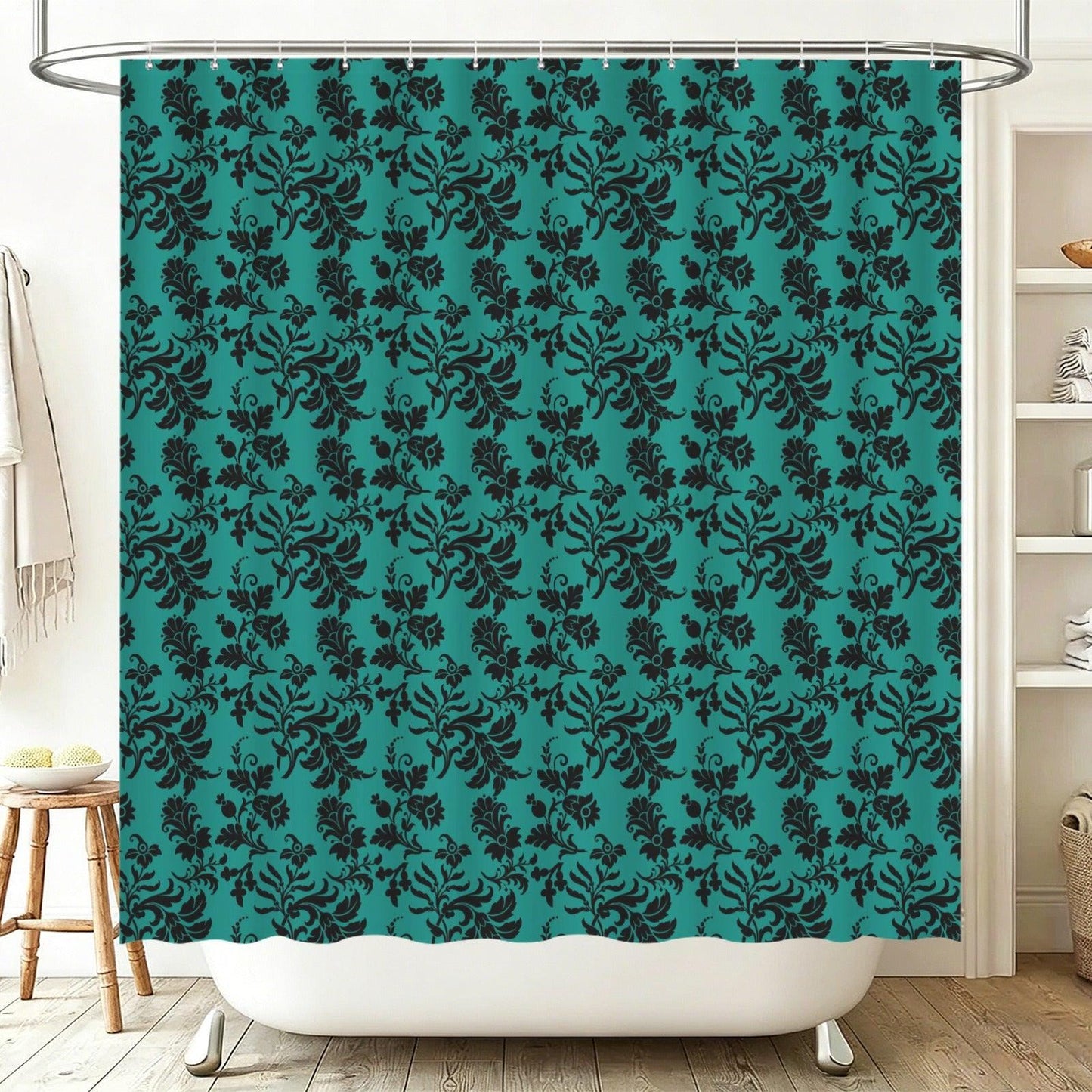 Teal Black Damask Shower Curtain, Victorian Jewel Tone Bathroom Decor