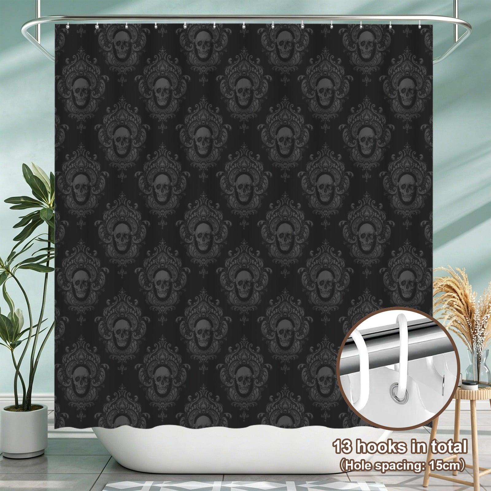 Gothic Skull Shower Curtain, Black Damask Victorian Bath Decor