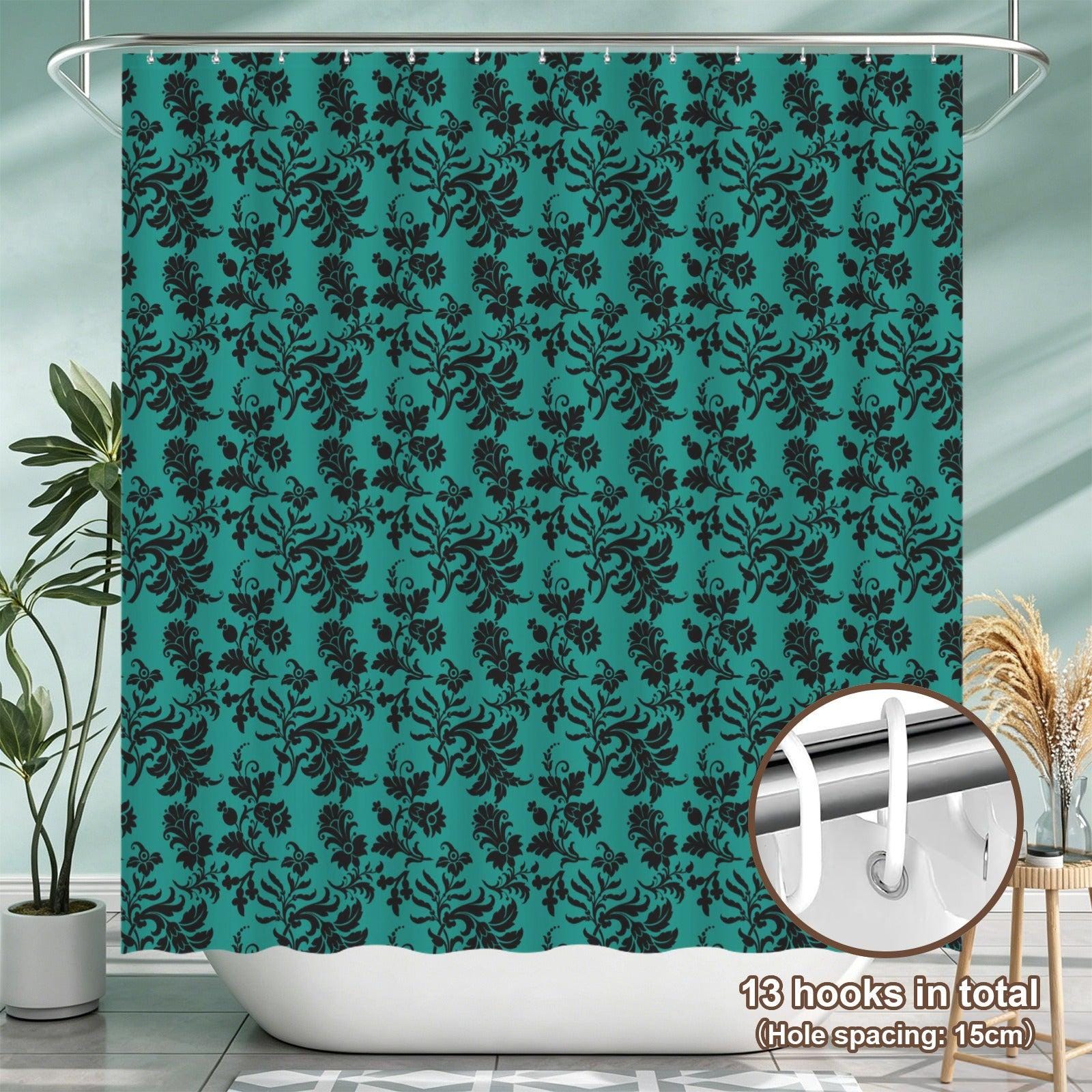 Teal Black Damask Shower Curtain, Victorian Jewel Tone Bathroom Decor