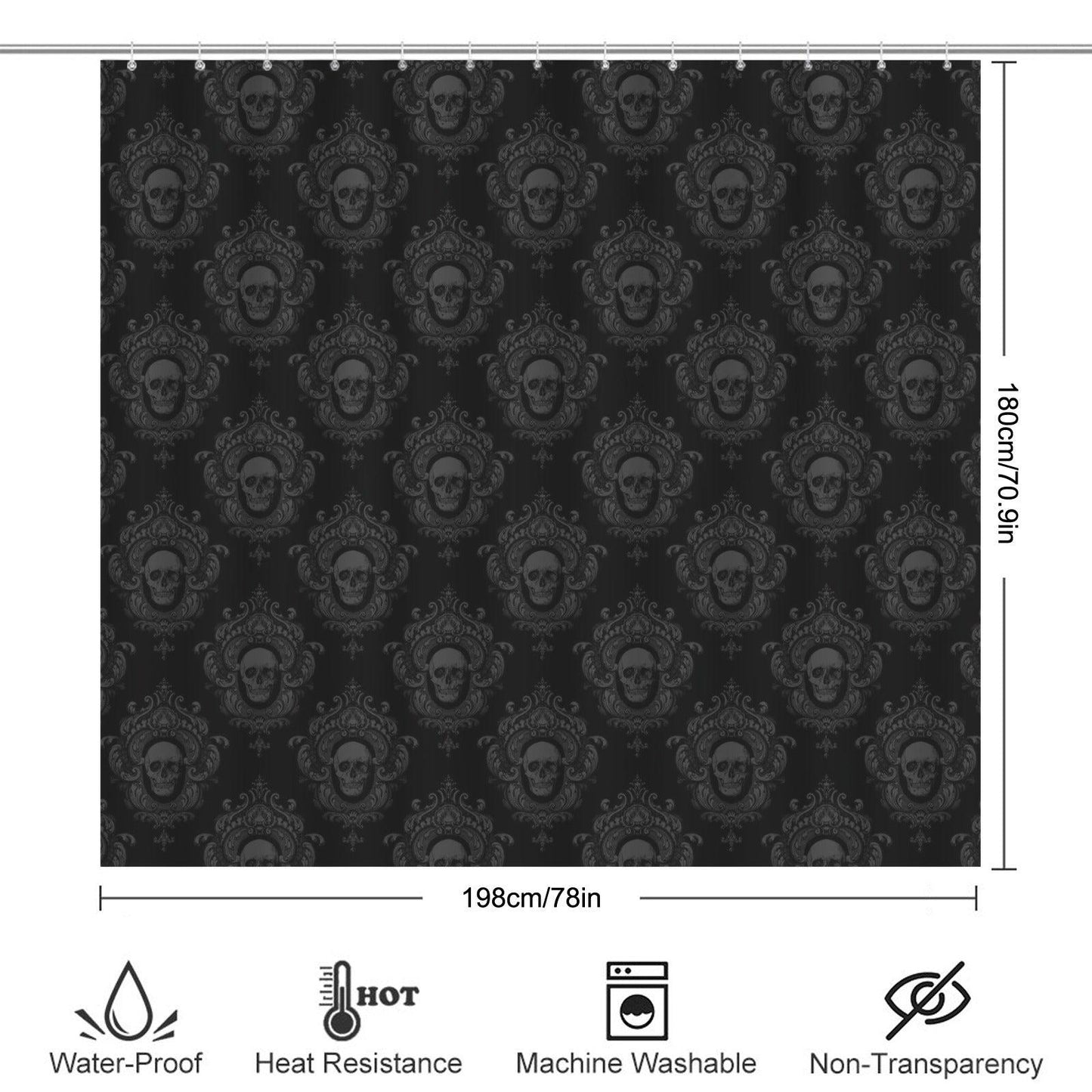 Gothic Skull Shower Curtain, Black Damask Victorian Bath Decor