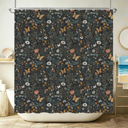 Dark Floral Butterfly Shower Curtain, Moody Botanical Wildflower Bath Decor