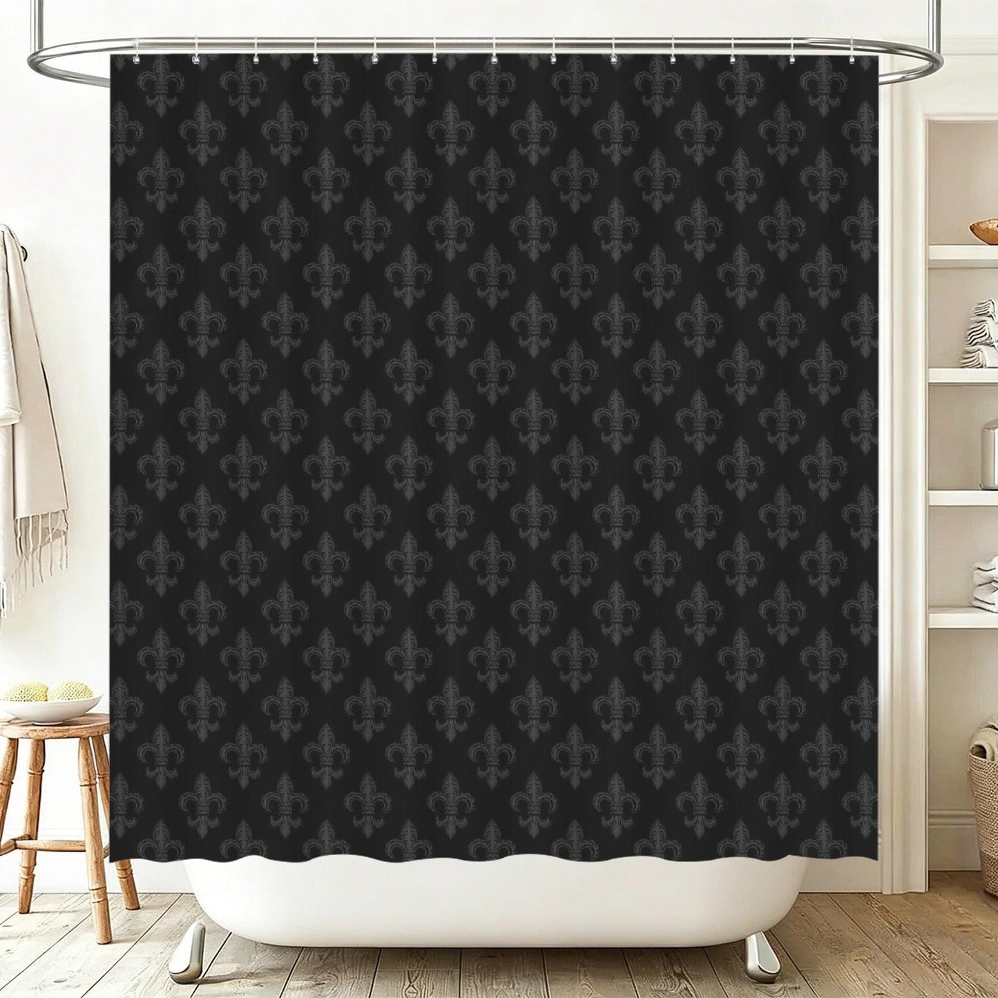 Fleur de Lis Shower Curtain, Tonal Black Damask Bath Curtain, Victorian Gothic Decor