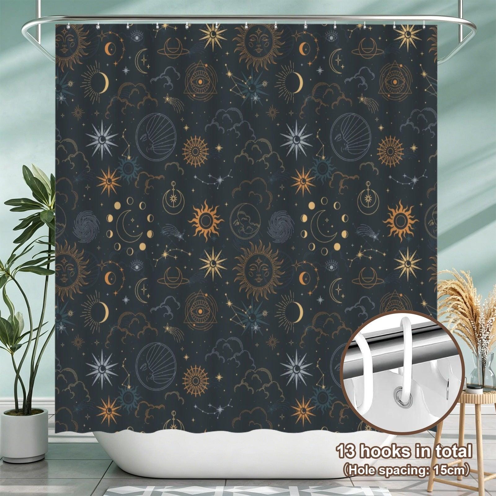 Celestial Sun Moon Shower Curtain, Navy Gold Stars Mystic Bathroom Decor