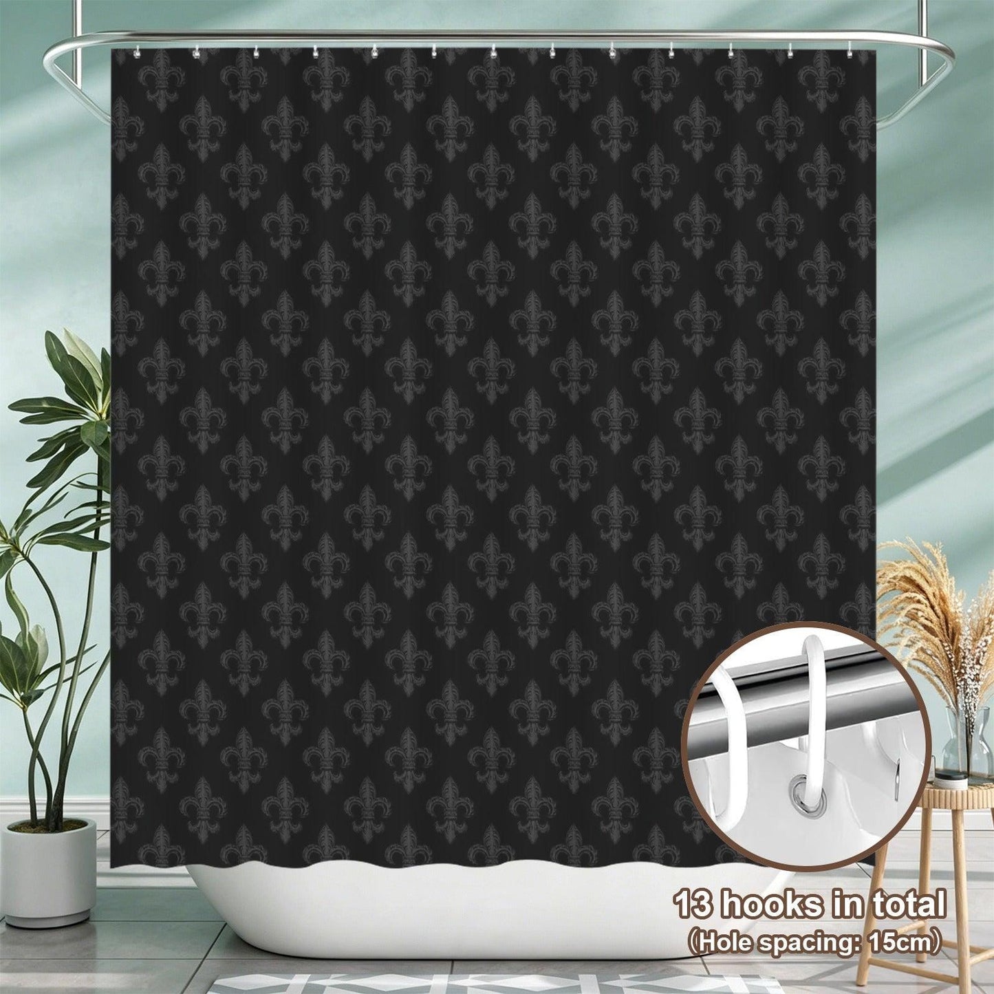 Fleur de Lis Shower Curtain, Tonal Black Damask Bath Curtain, Victorian Gothic Decor