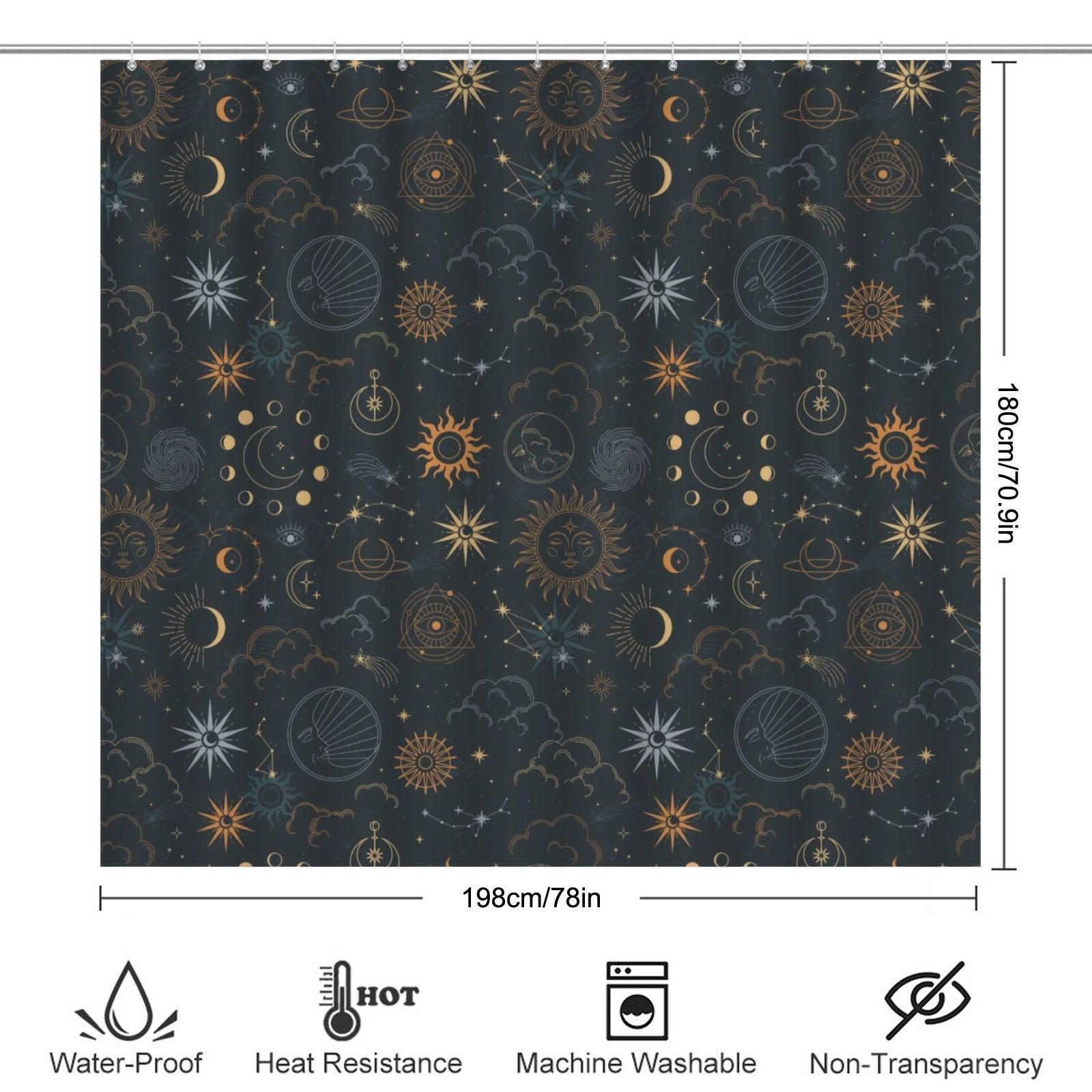 Celestial Sun Moon Shower Curtain, Navy Gold Stars Mystic Bathroom Decor