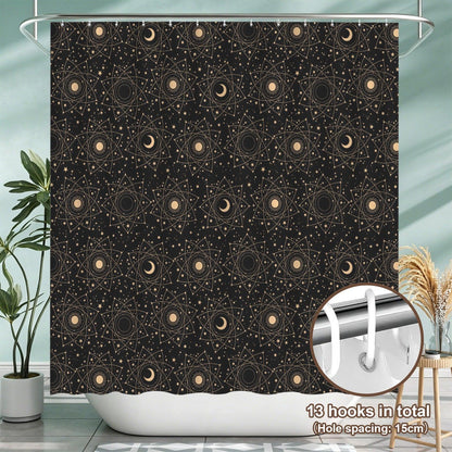 Black Celestial Moon Phase Shower Curtain, Astrology Sun Star Bath Decor