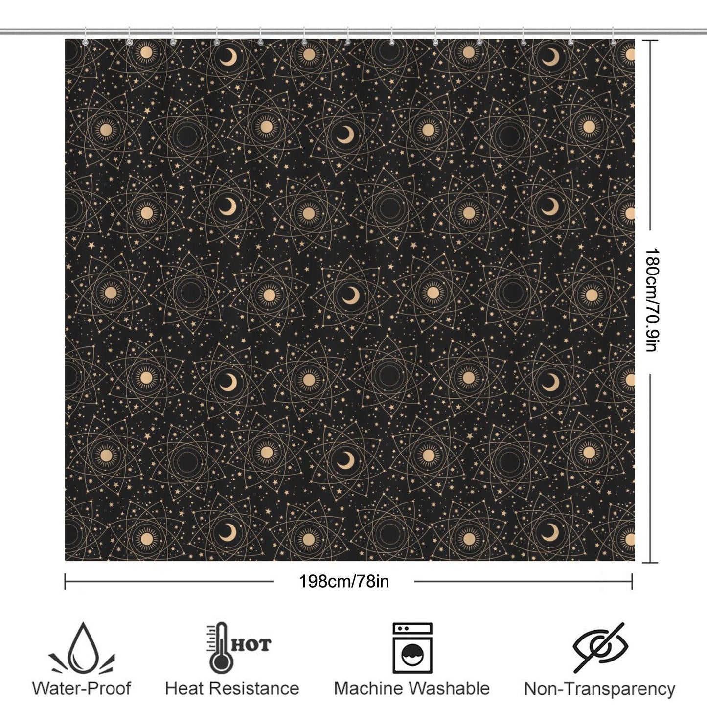Black Celestial Moon Phase Shower Curtain, Astrology Sun Star Bath Decor