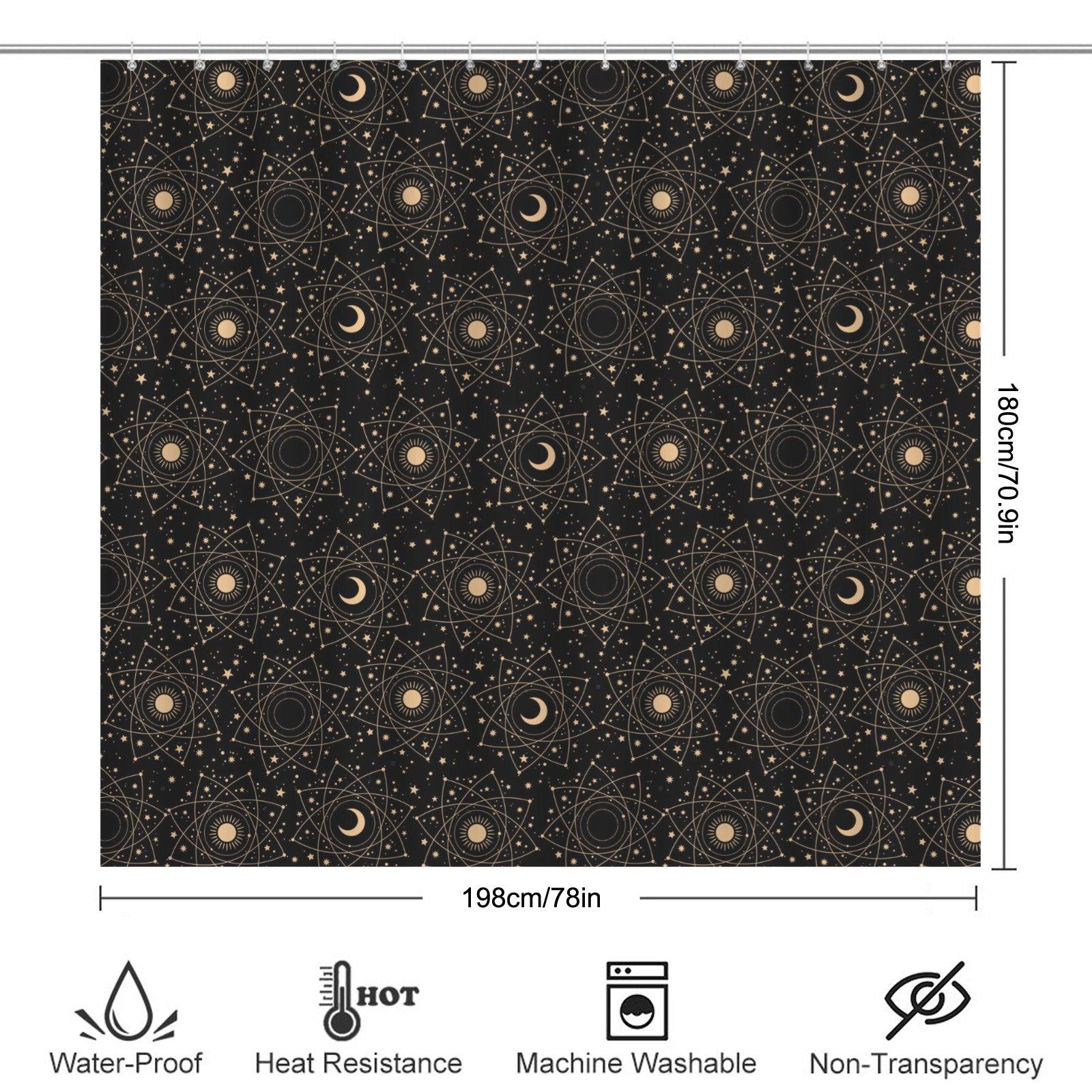 Black Celestial Moon Phase Shower Curtain, Astrology Sun Star Bath Decor