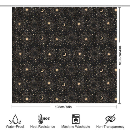 Black Celestial Moon Phase Shower Curtain, Astrology Sun Star Bath Decor