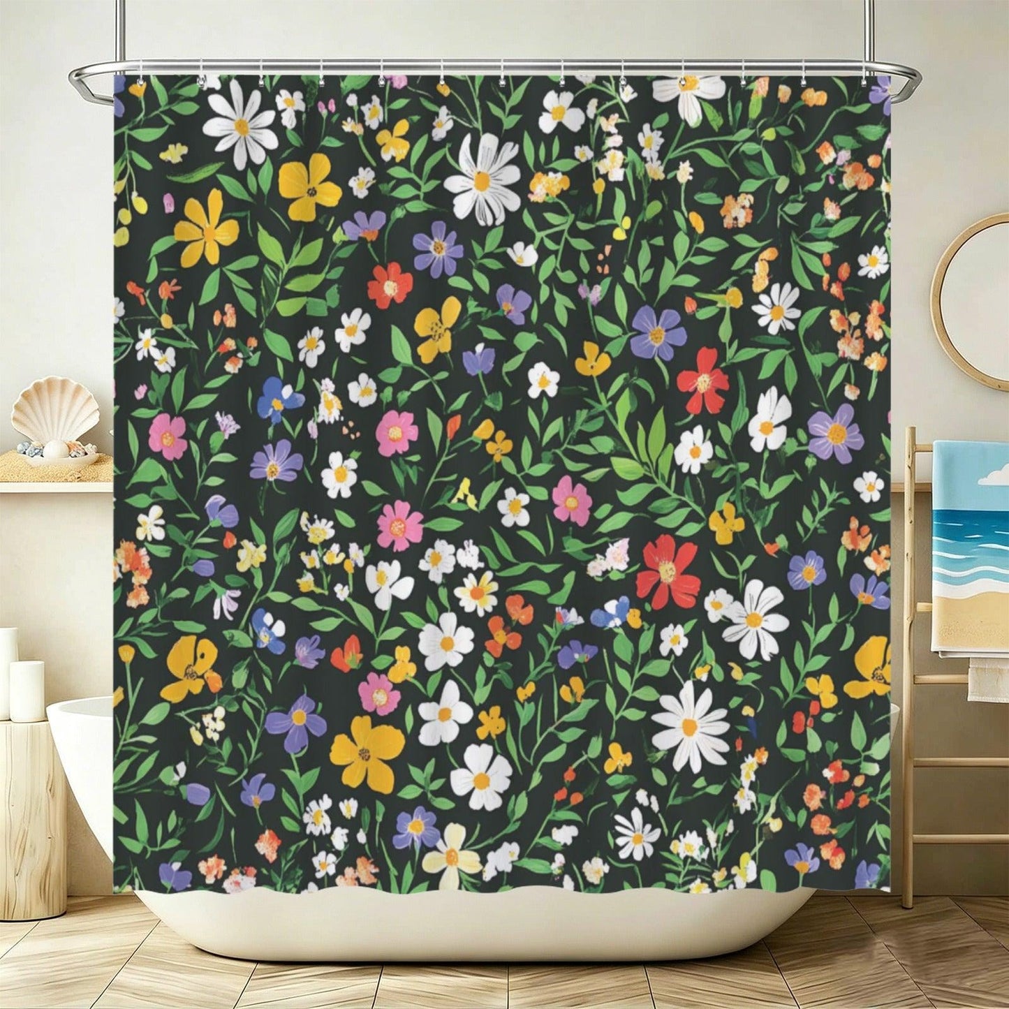 Black Wildflower Shower Curtain, Colorful Meadow Floral Bath Decor