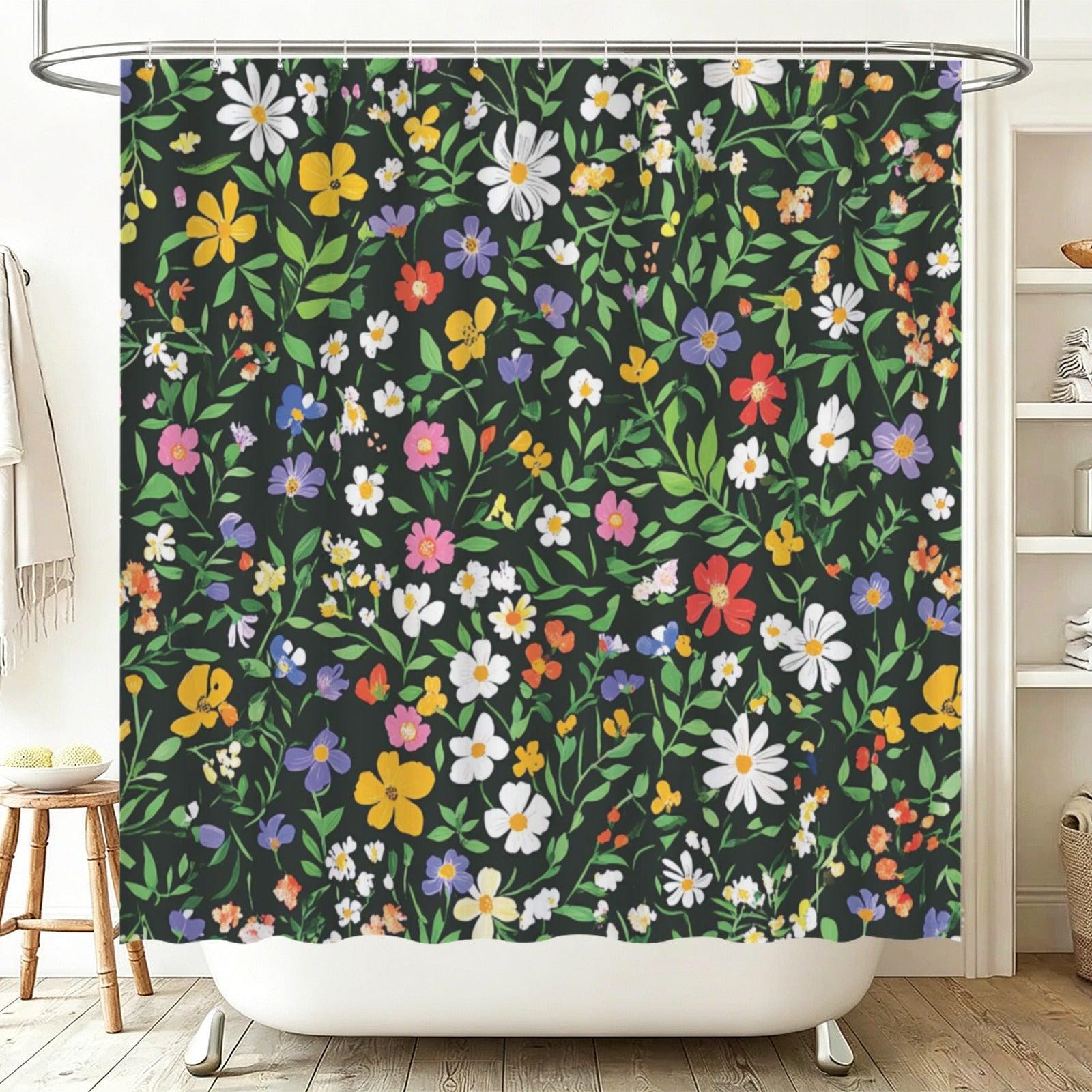 Black Wildflower Shower Curtain, Colorful Meadow Floral Bath Decor
