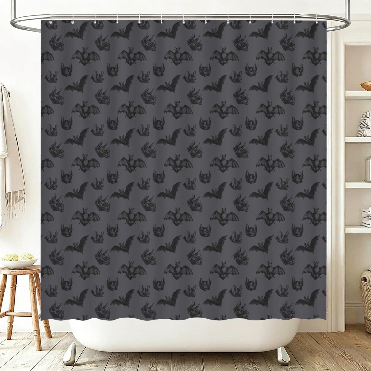 Bat Shower Curtain, Gothic Bathroom Curtain in Charcoal Gray, Dark Academia Halloween Bath Decor