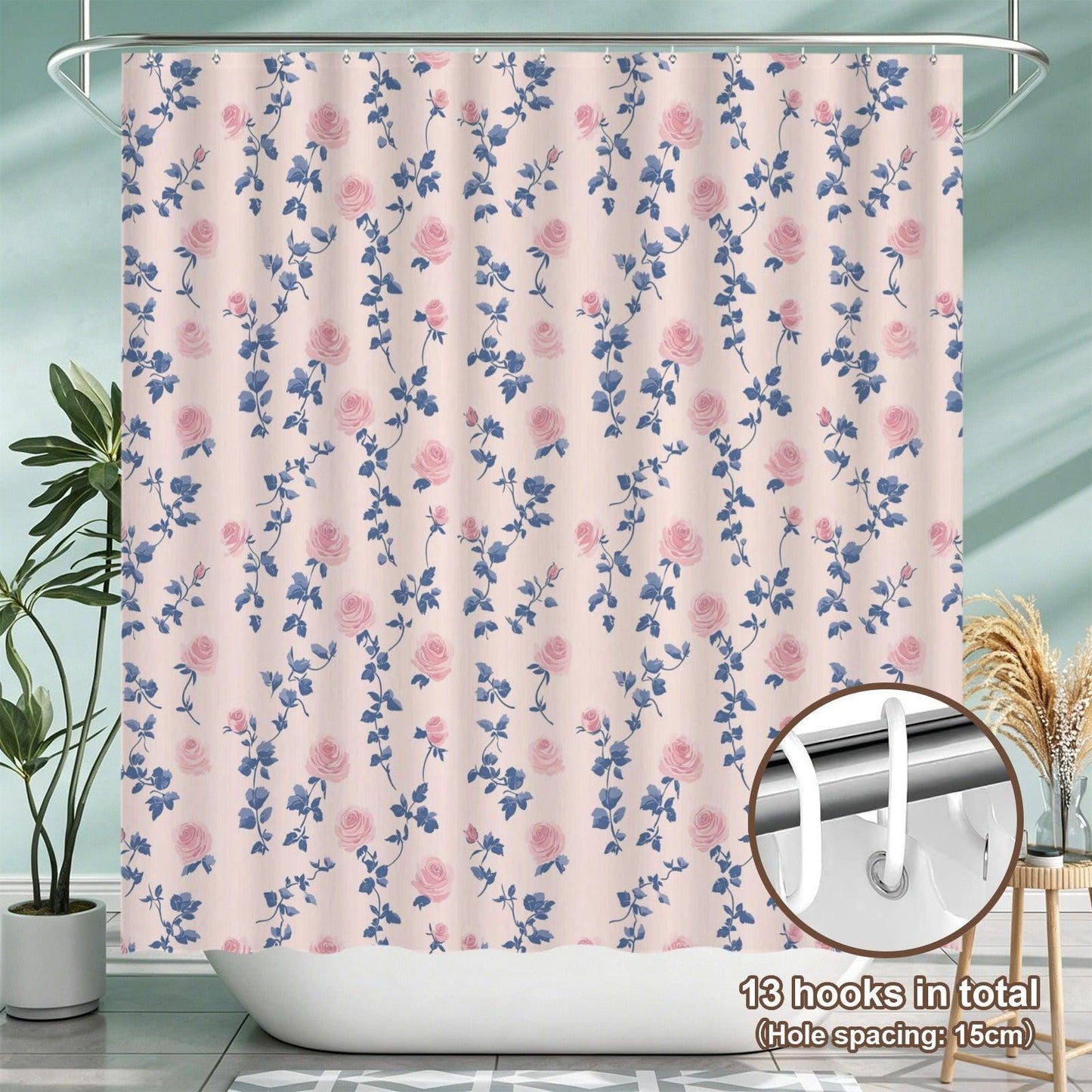 Vintage Rose Shower Curtain, Pink Blue Floral, Shabby Chic French Country Bath Decor