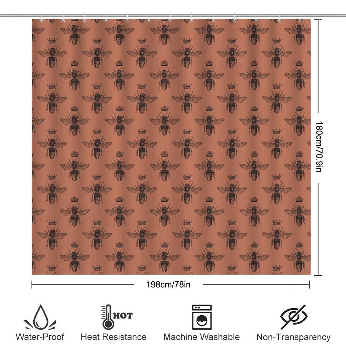 Terracotta Bee Shower Curtain, Vintage Honeybee Bathroom Decor, Cottagecore Insect Bath Curtain