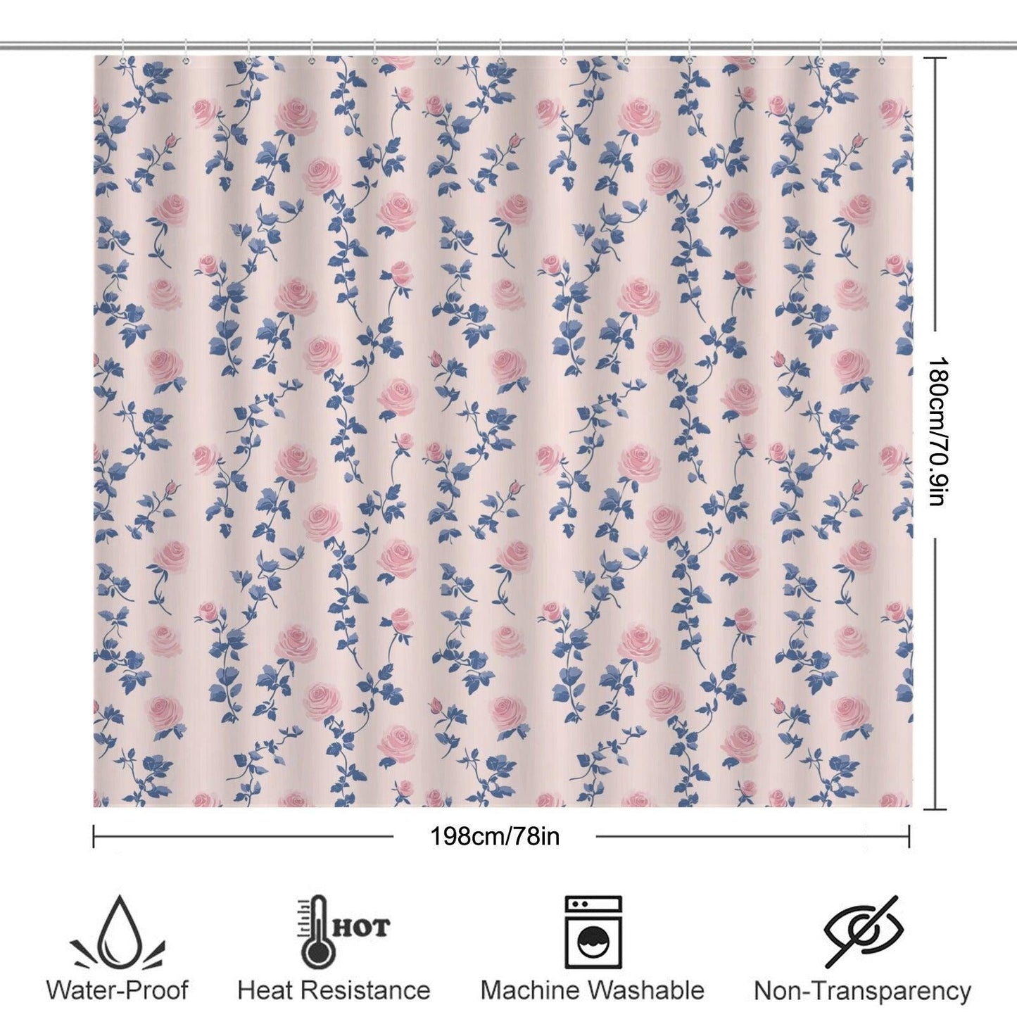 Vintage Rose Shower Curtain, Pink Blue Floral, Shabby Chic French Country Bath Decor
