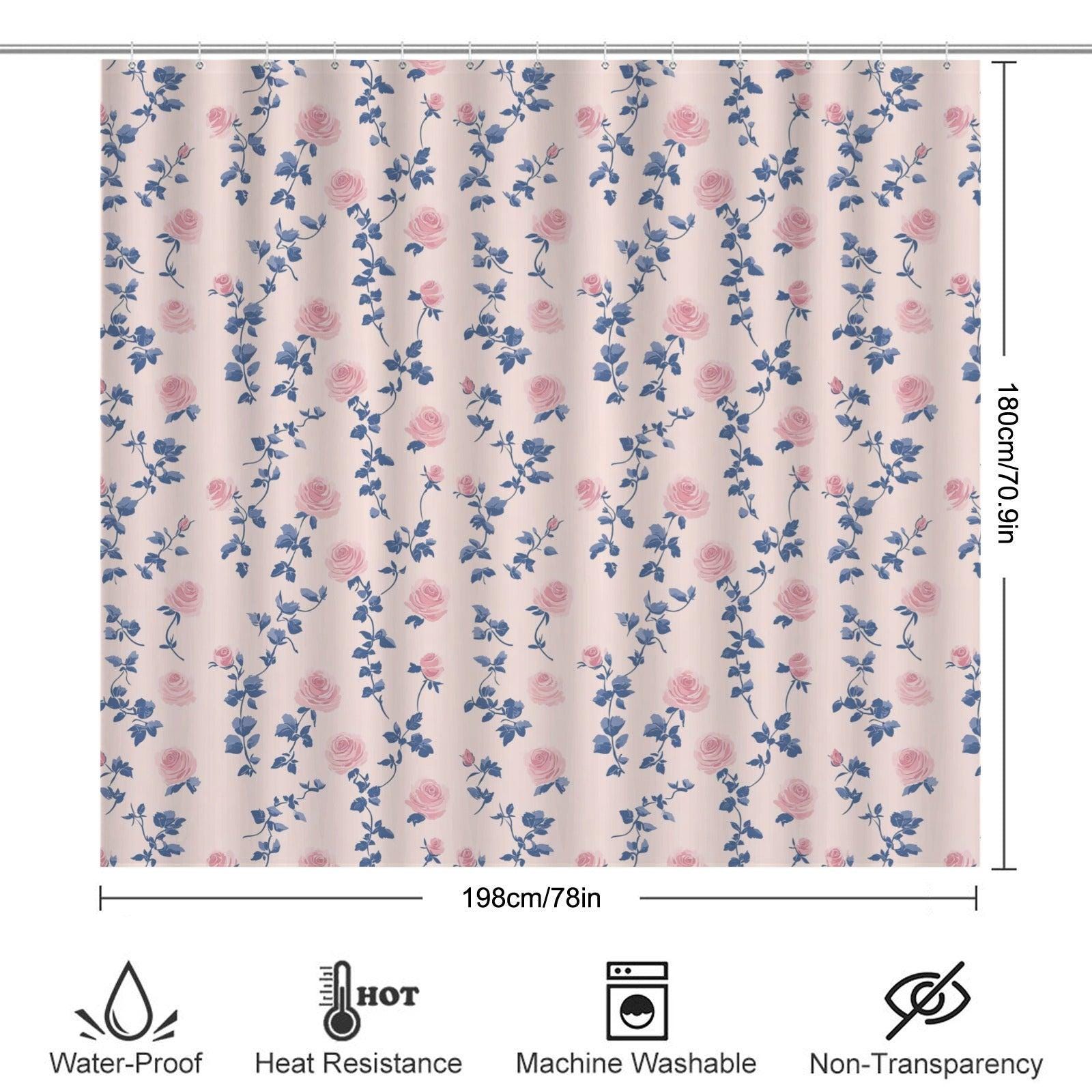 Vintage Rose Shower Curtain, Pink Blue Floral, Shabby Chic French Country Bath Decor