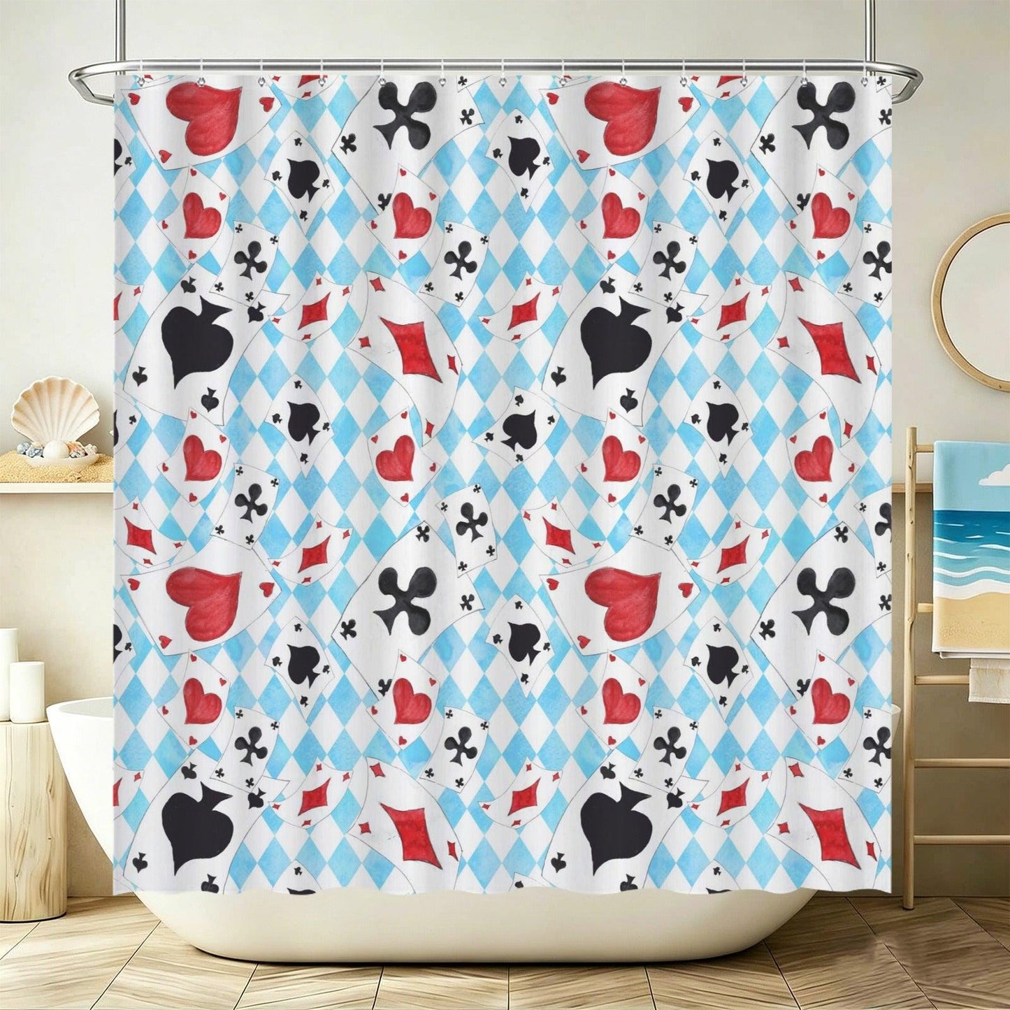 Playing Card Shower Curtain, Blue Harlequin Diamond Bath Curtain, Red Heart Spade Suits