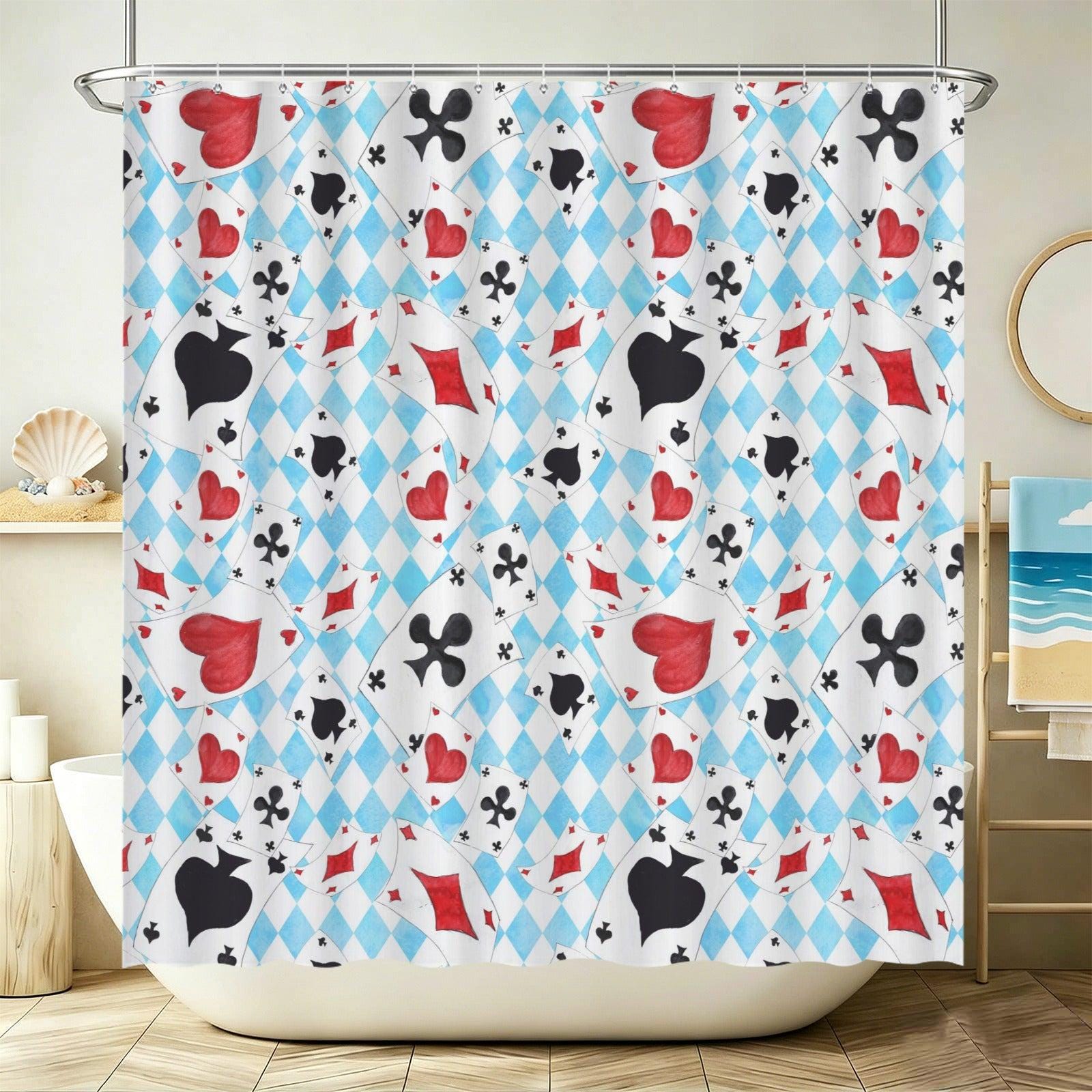 Playing Card Shower Curtain, Blue Harlequin Diamond Bath Curtain, Red Heart Spade Suits
