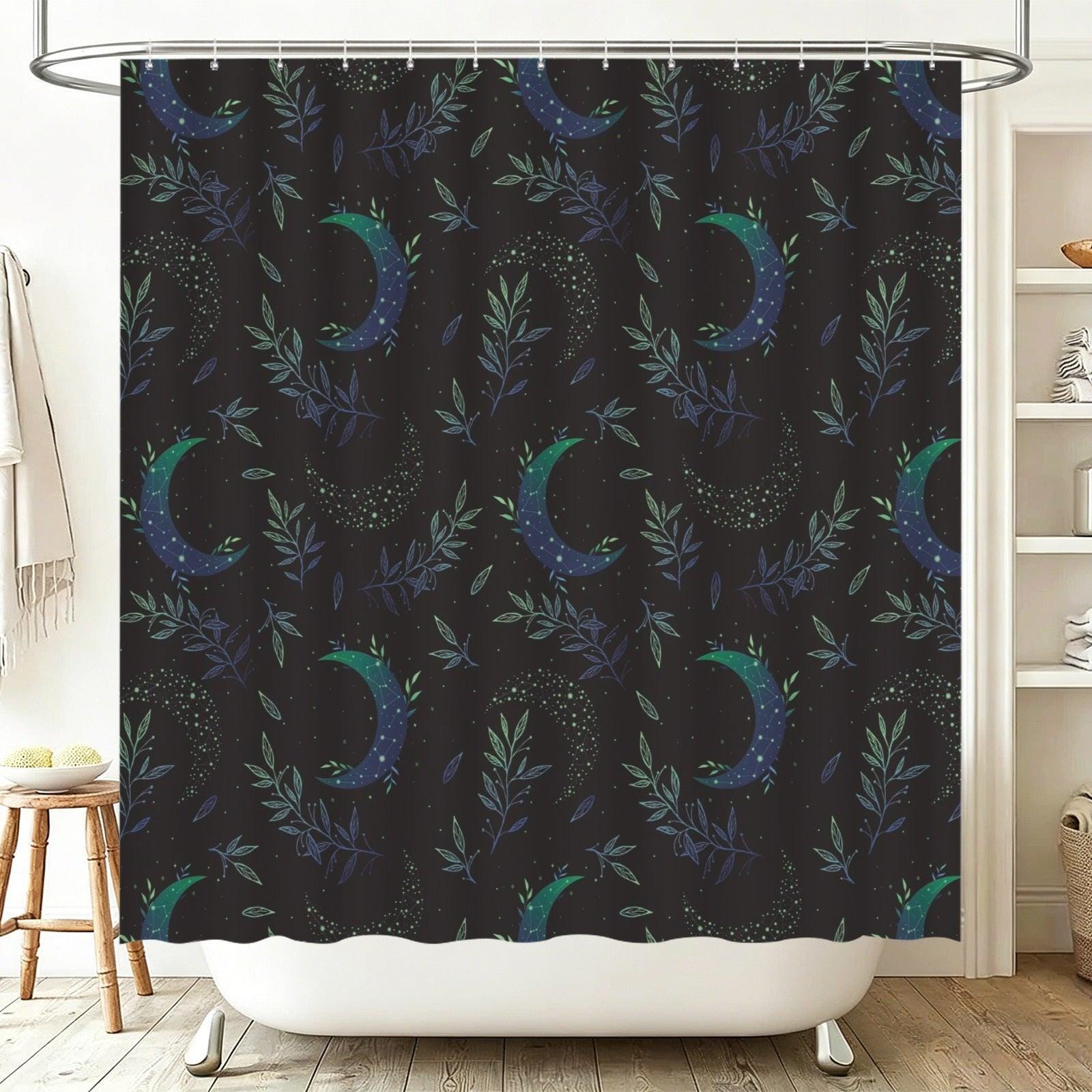 Moon Botanical Shower Curtain, Teal Crescent Moon Leaf Bath Decor