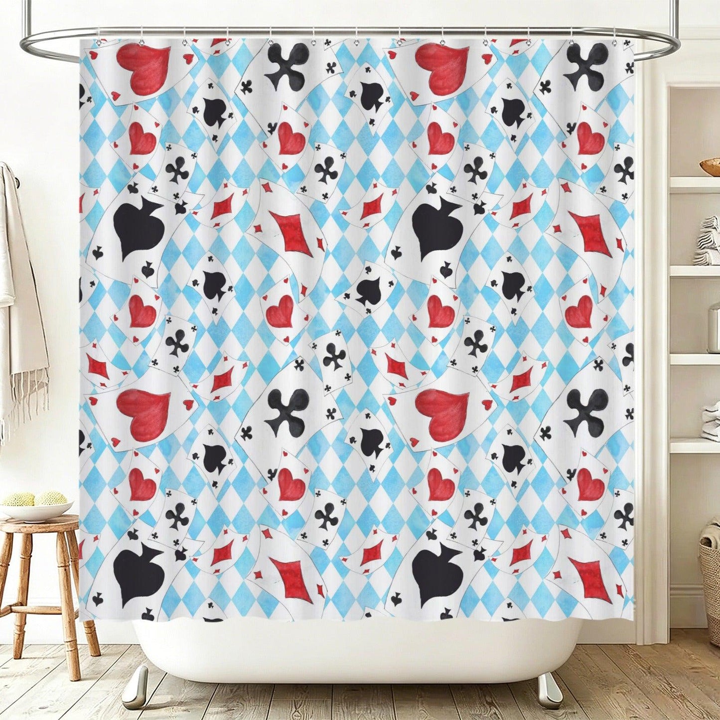 Playing Card Shower Curtain, Blue Harlequin Diamond Bath Curtain, Red Heart Spade Suits