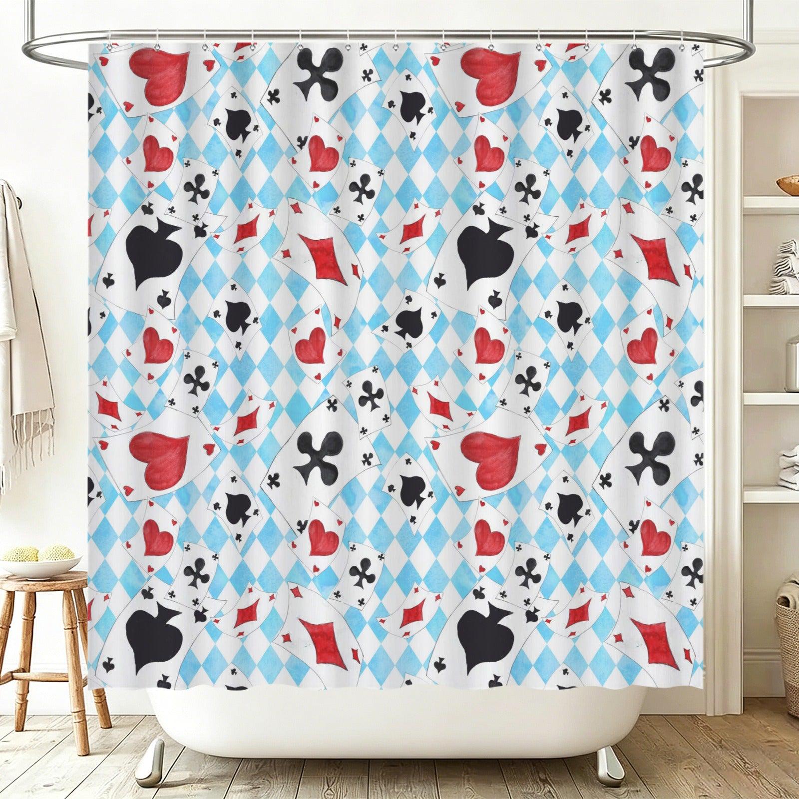 Playing Card Shower Curtain, Blue Harlequin Diamond Bath Curtain, Red Heart Spade Suits